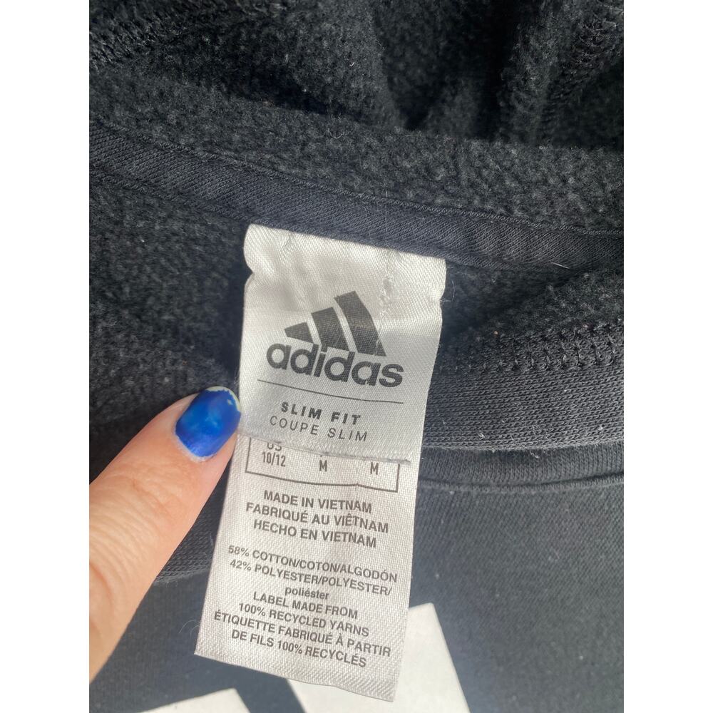 adidas Boys' Essential Hooded Pullover Sweatshirt Black White Logo M 10/12 - Picture 3 of 7
